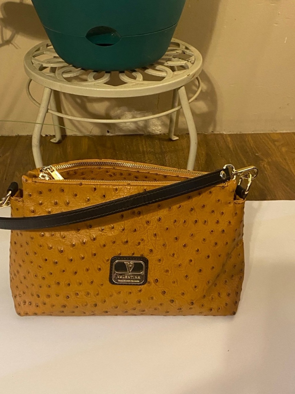 Valentina Mustard Ostrich-Texture handbag with Black Strap
